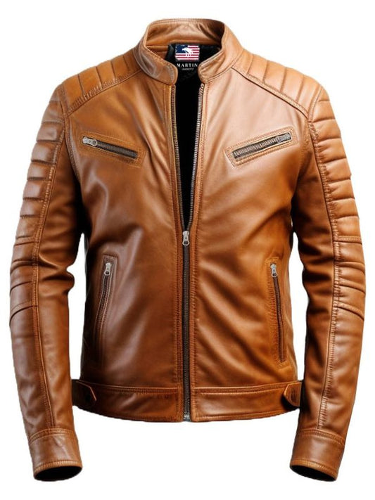 Men Tan Leather Biker Jacket - Leather Jacket for Men