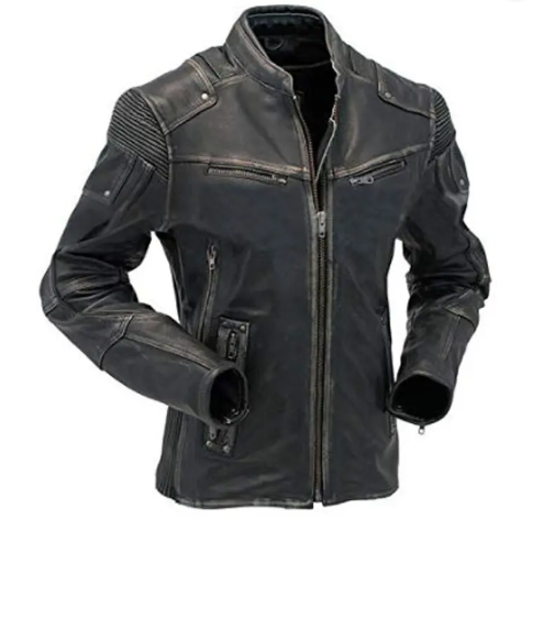 Men Vintage Distressed Black Biker Leather Jacket