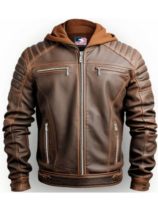 Men Voguish Brown Detachable Hooded Leather Jacket