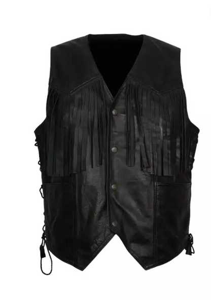 Men Western Cowboy Fringe Black Leather Vest
