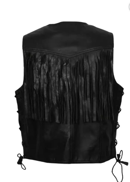Men Western Cowboy Fringe Black Leather Vest
