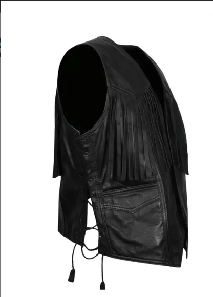 Men Western Cowboy Fringe Black Leather Vest