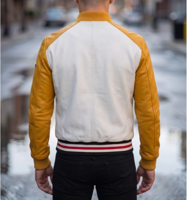 Men Yellow Bomber Cafe Racer Leather Jacket
