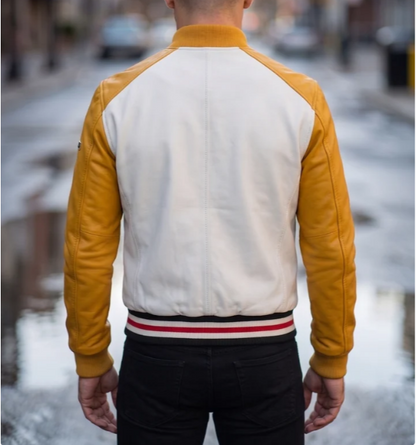 Men Yellow Bomber Cafe Racer Leather Jacket