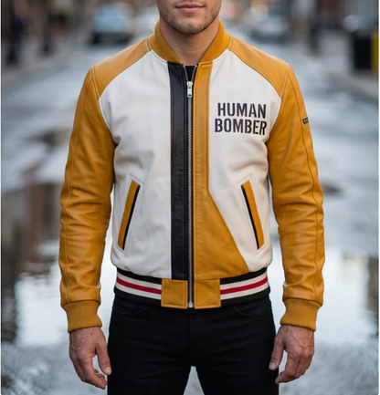 Men Yellow Bomber Cafe Racer Leather Jacket