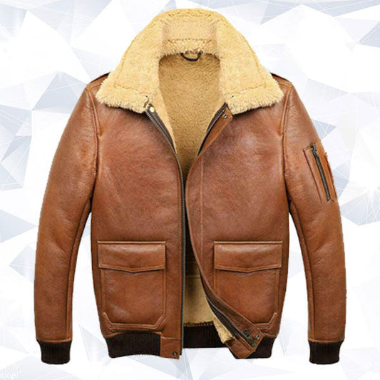 Men’s Aviator Camel Brown A2 Fur Shearling Leather Bomber Jacket