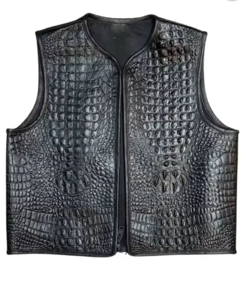 Men’s Black Embossed Biker Leather Vest