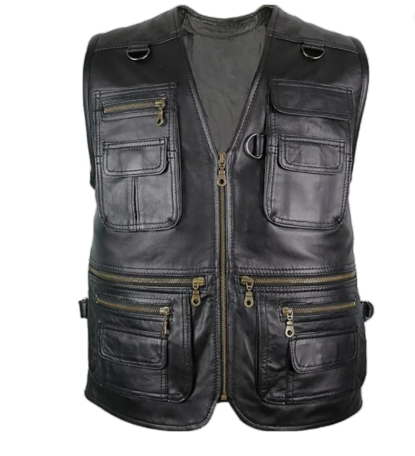 Men’s Black V-Neck Hunting Leather Vest