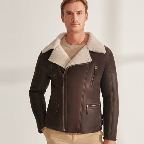 Men’s Brown B3 Pilot Sheepskin Shearling Biker Aviator Jacket