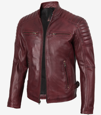 Men’s Burgundy Biker Style Leather Jacket