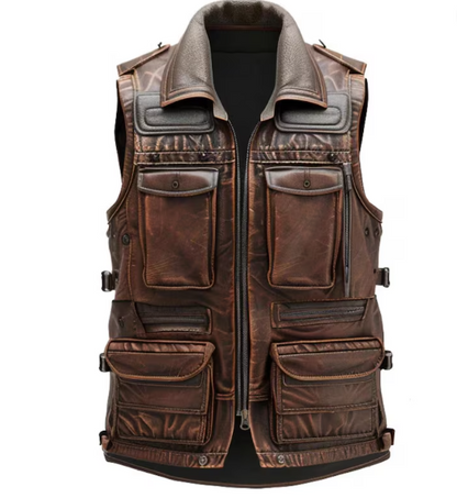 Men’s Distressed Brown Military Style Leather Vest