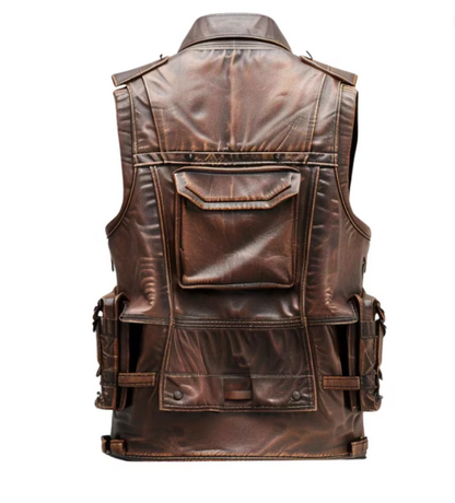 Men’s Distressed Brown Military Style Leather Vest