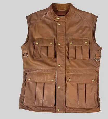 Men’s Multi Pocket Brown Leather Vest