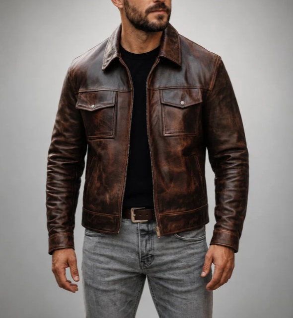 Men's Vintage Distressed Brown Leather Jacket