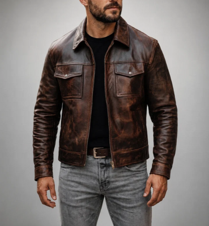 Men's Vintage Distressed Brown Leather Jacket