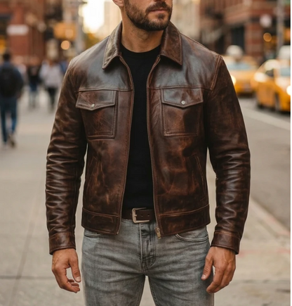 Men's Vintage Distressed Brown Leather Jacket