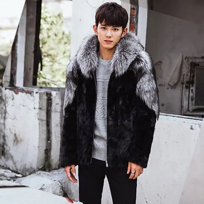 Men’s Winter Fox Fur Mink Hooded Fur Coat Jacket