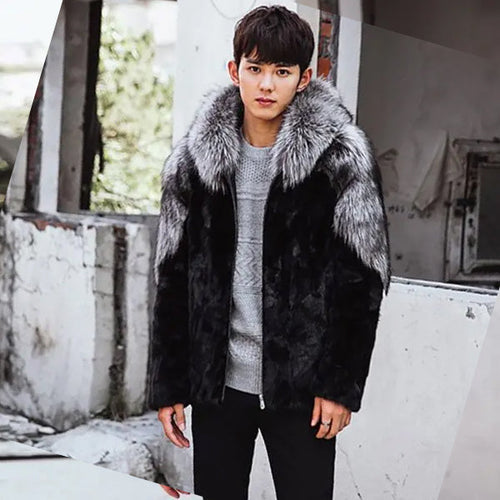 Men’s Winter Fox Fur Mink Hooded Fur Coat Jacket