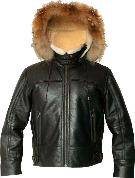 Men’s Hooded Flight Bomber Leather Jacket With Fur