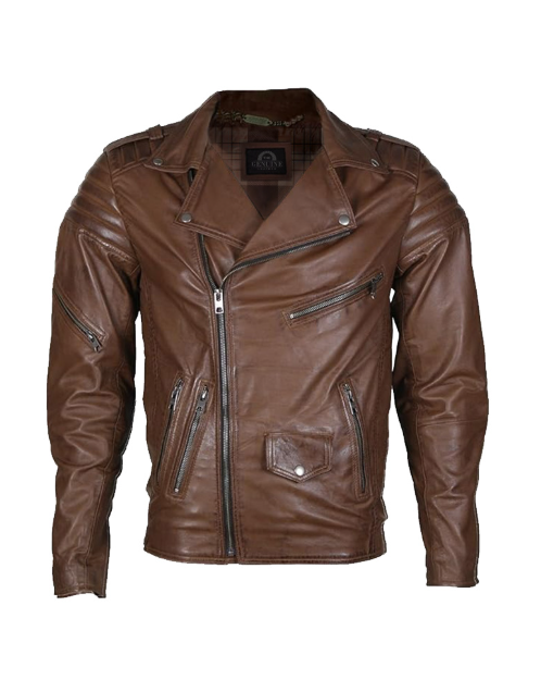 Mens Biker Classical Brown Leather Jacket