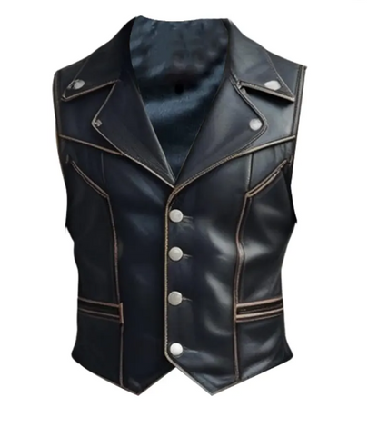 Mens Black Distress Leather Biker Vest