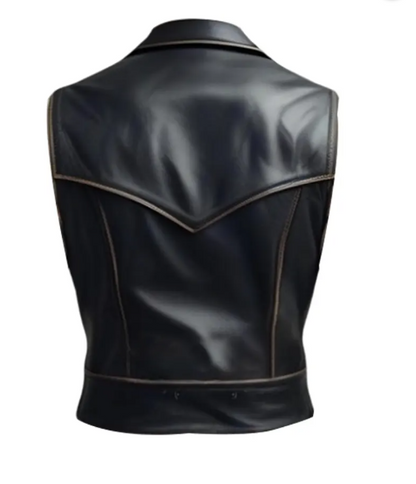 Mens Black Distress Leather Biker Vest