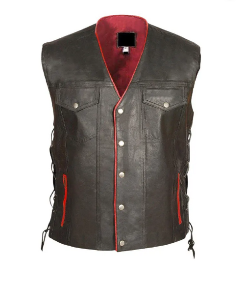 Mens Black Genuine Leather Vest with Red Lining