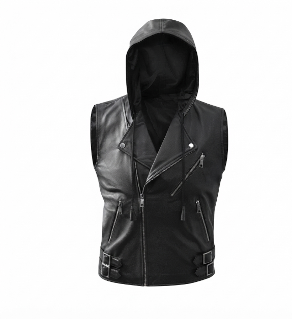 Mens Black Hooded Leather Vest