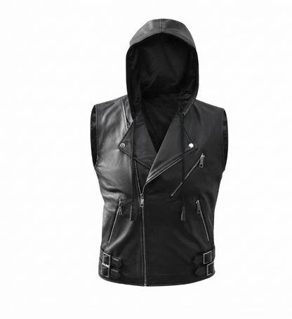 Mens Black Hooded Leather Vest