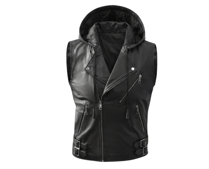 Mens Black Hooded Leather Vest
