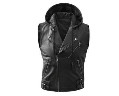 Mens Black Hooded Leather Vest