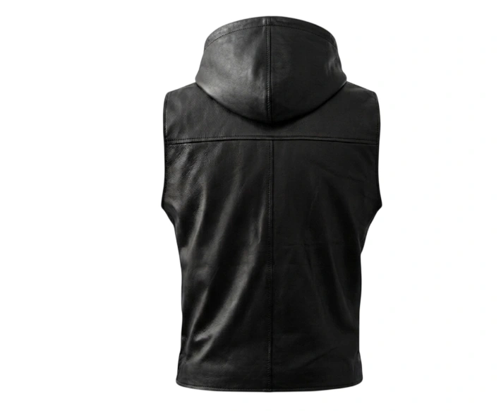 Mens Black Hooded Leather Vest