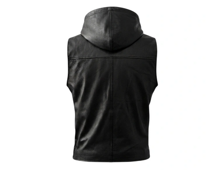 Mens Black Hooded Leather Vest