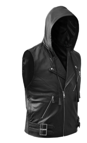 Mens Black Hooded Leather Vest