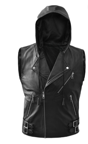 Mens Black Hooded Leather Vest