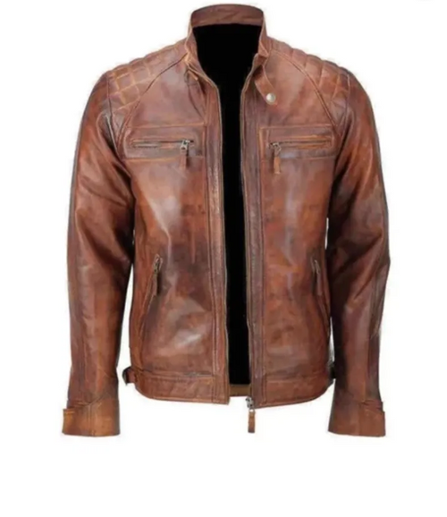Mens Brown Cafe Racer Distressed Leather Jacket