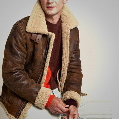 Men’s Brown Distressed Leather Shearling Jacket