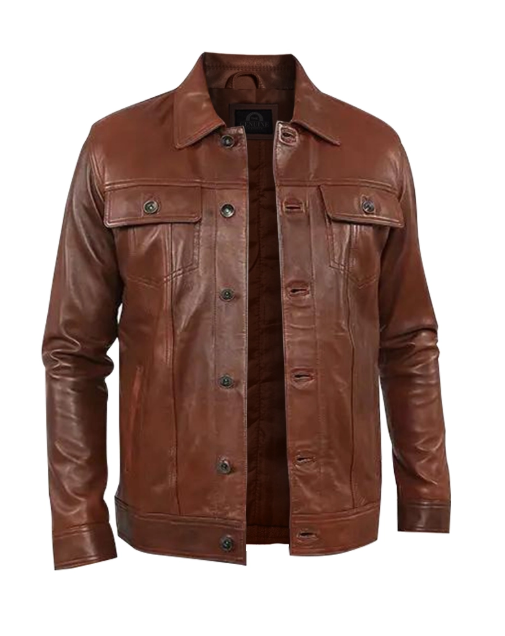 Mens Brown Shiny Stylish Collar Style Leather Jacket