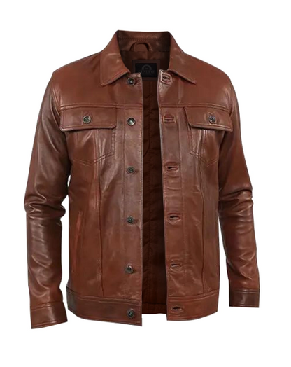 Mens Brown Shiny Stylish Collar Style Leather Jacket
