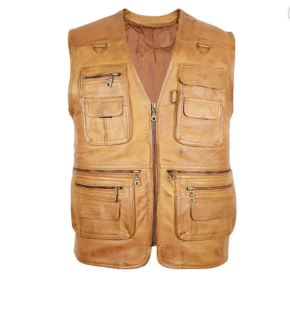 Mens Brown V-Neck Hunting Leather Vest