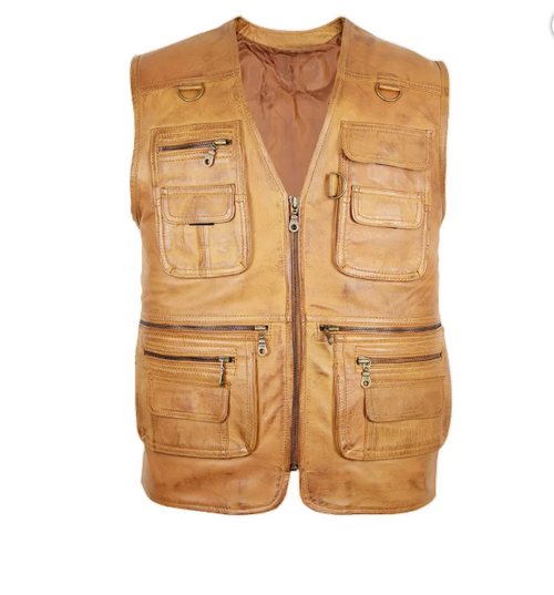 Mens Brown V-Neck Hunting Leather Vest