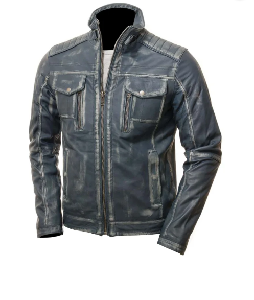 Mens Cafe Racer Blue Waxed Leather Jacket