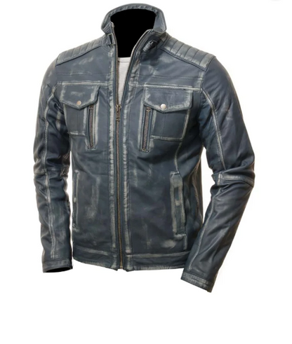 Mens Cafe Racer Blue Waxed Leather Jacket