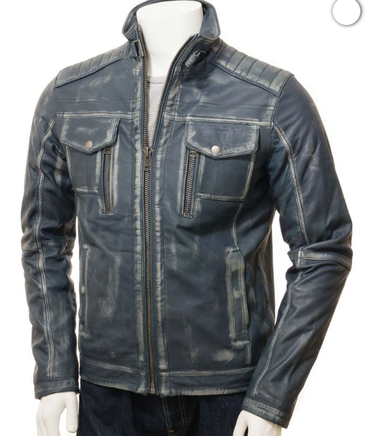 Mens Cafe Racer Blue Waxed Leather Jacket