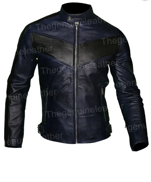 Mens Cafe Racer Navy Blue Biker Leather Jacket