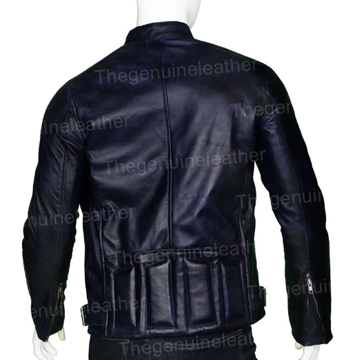 Mens Cafe Racer Navy Blue Biker Leather Jacket