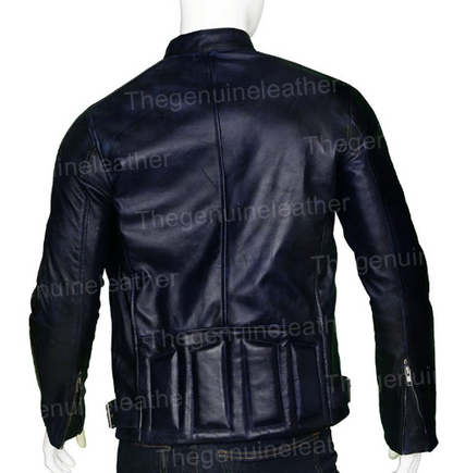 Mens Cafe Racer Navy Blue Biker Leather Jacket