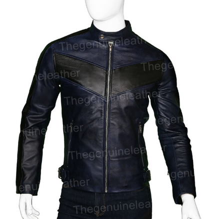 Mens Cafe Racer Navy Blue Biker Leather Jacket