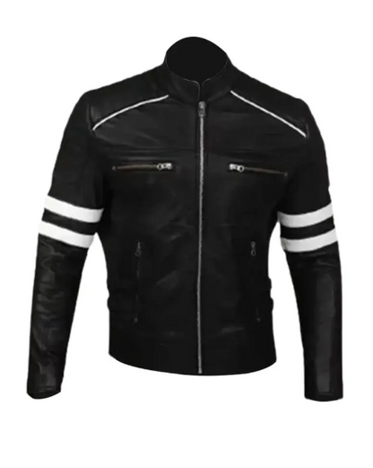 Mens Cafe Racer Retro Black Leather Jacket