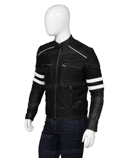 Mens Cafe Racer Retro Black Leather Jacket